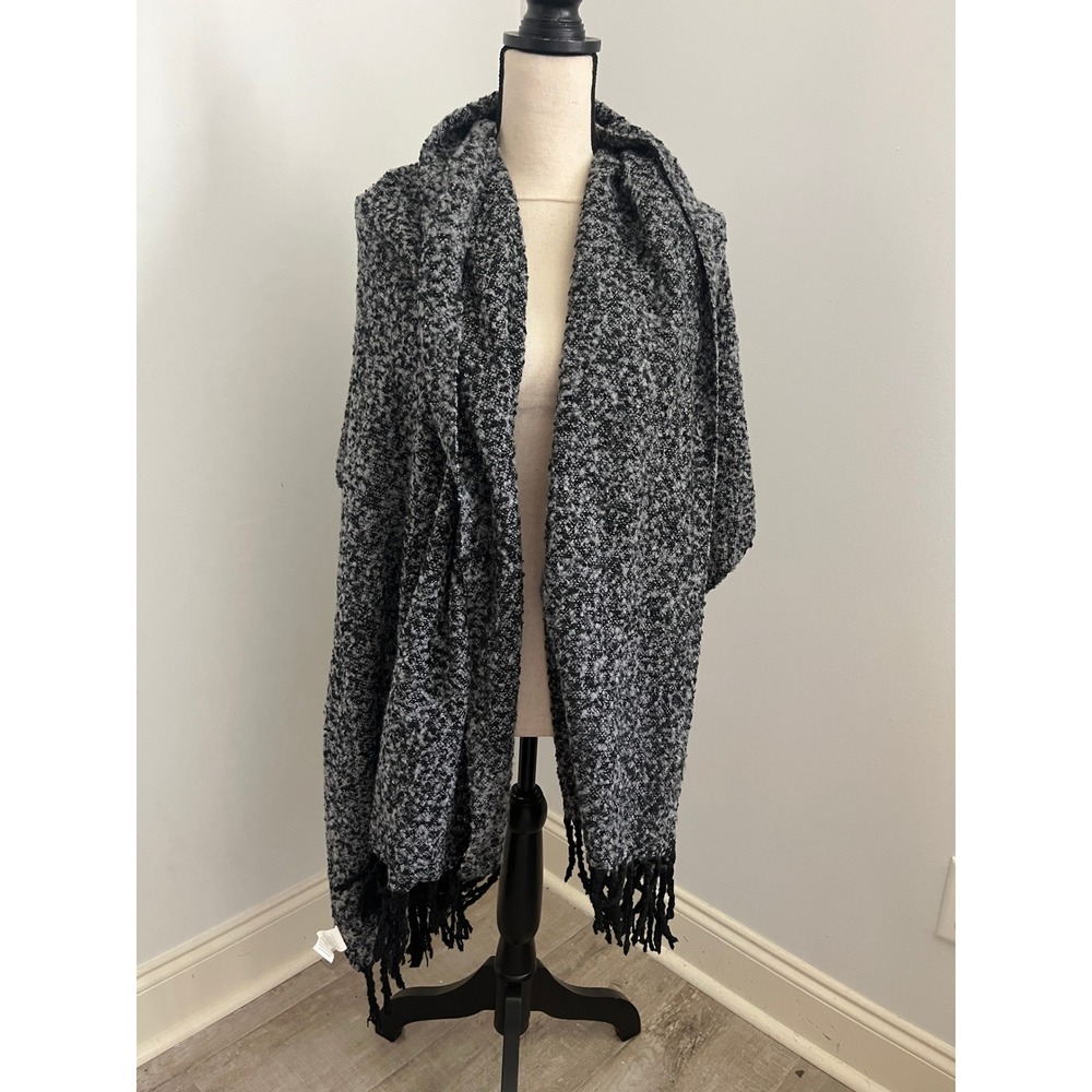 Black Grey Knit Oversized Blanket Scarf Fringe Wrap Shawl Boho Chic Chunky Knit